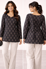 Black Floral Printed Cotton Kurti Top 🌸✨