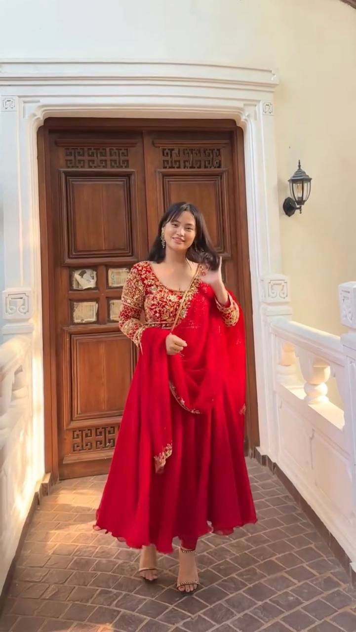 DESIGNER WEAR EXCLUSIVE AND EMBROIDERED GOWN AND PANT PAIR WITH DUPATTA IN GEORGETTE