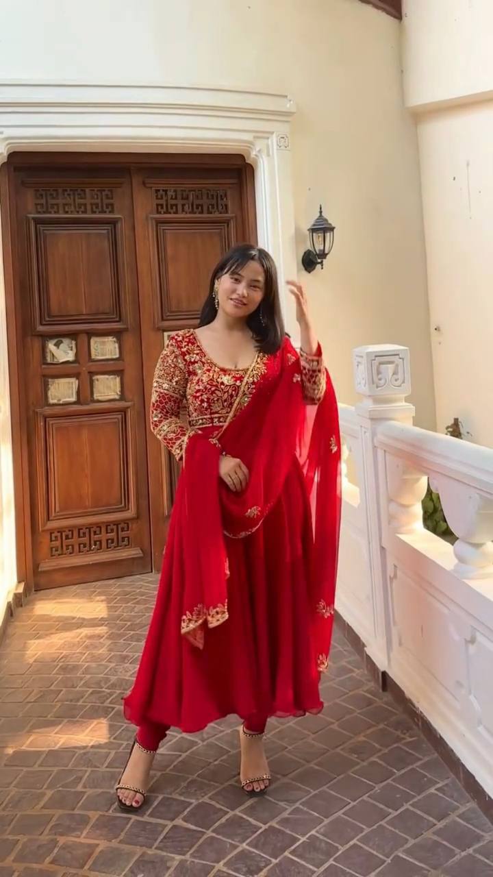 DESIGNER WEAR EXCLUSIVE AND EMBROIDERED GOWN AND PANT PAIR WITH DUPATTA IN GEORGETTE