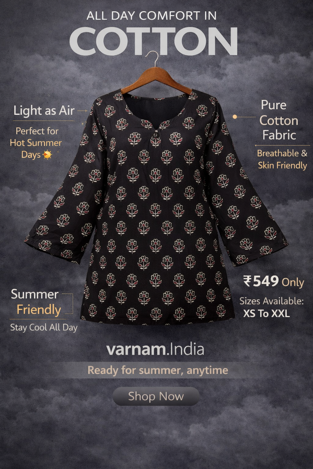 Black Floral Printed Cotton Kurti Top 🌸✨