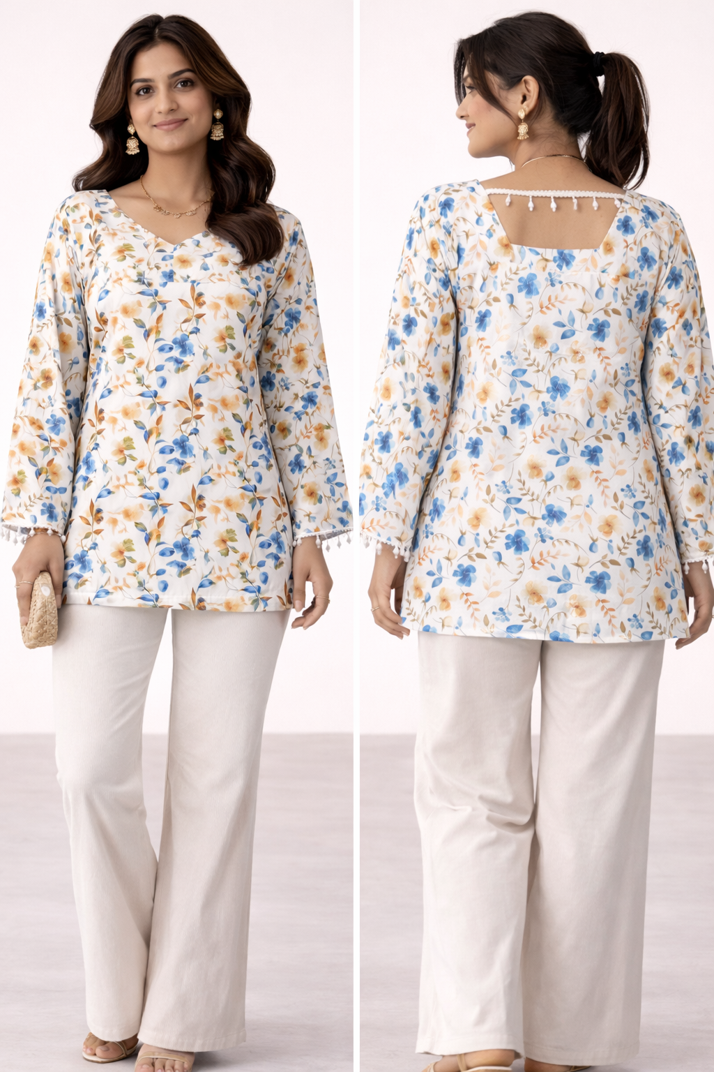 White Floral Cotton Kurti Top 🤍🌸