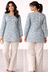 Women’s Sky Blue Floral Cotton Kurti – Lightweight Summer Top