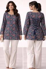 Navy Blue Floral Cotton Kurti Top 💙