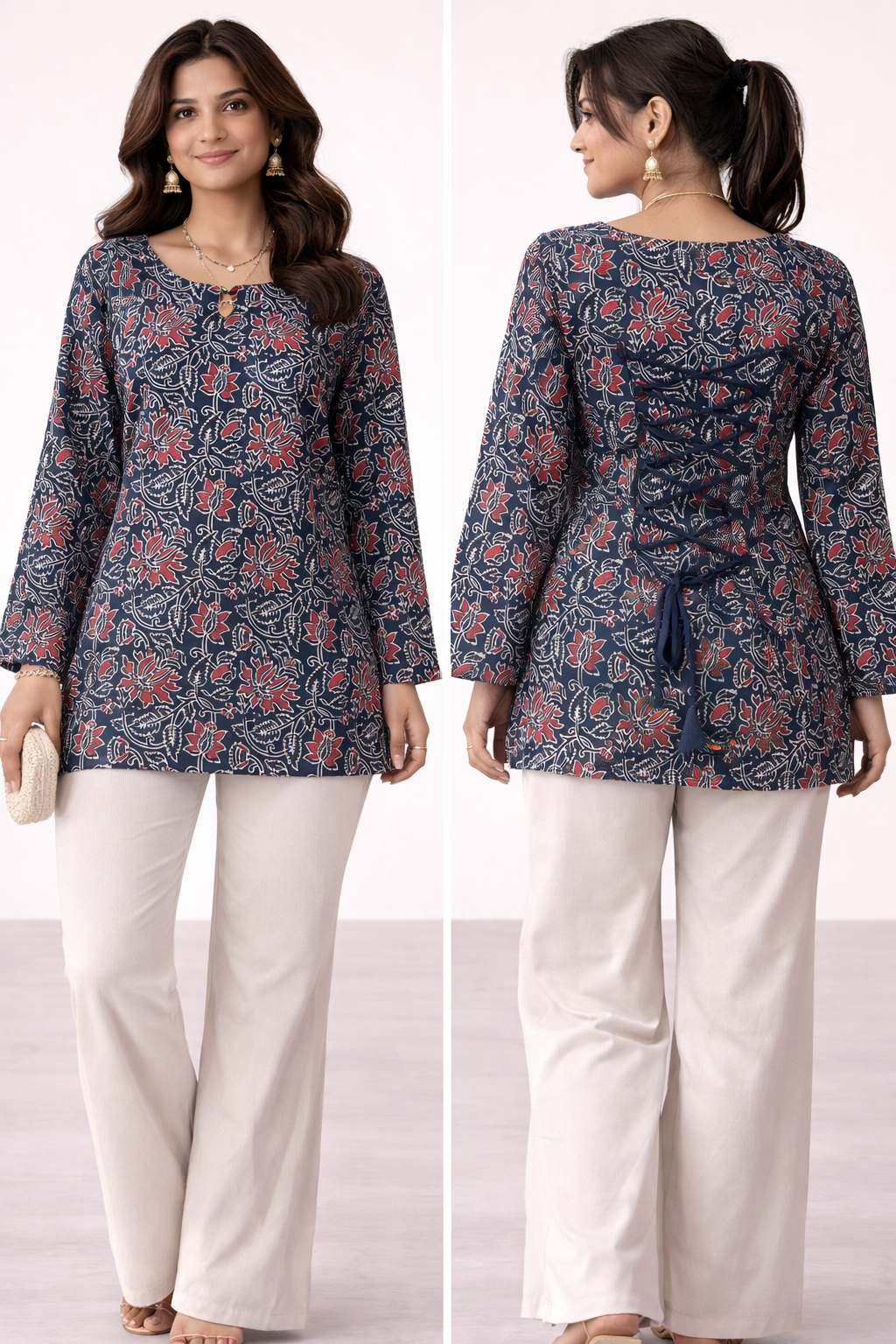 Navy Blue Floral Cotton Kurti Top 💙