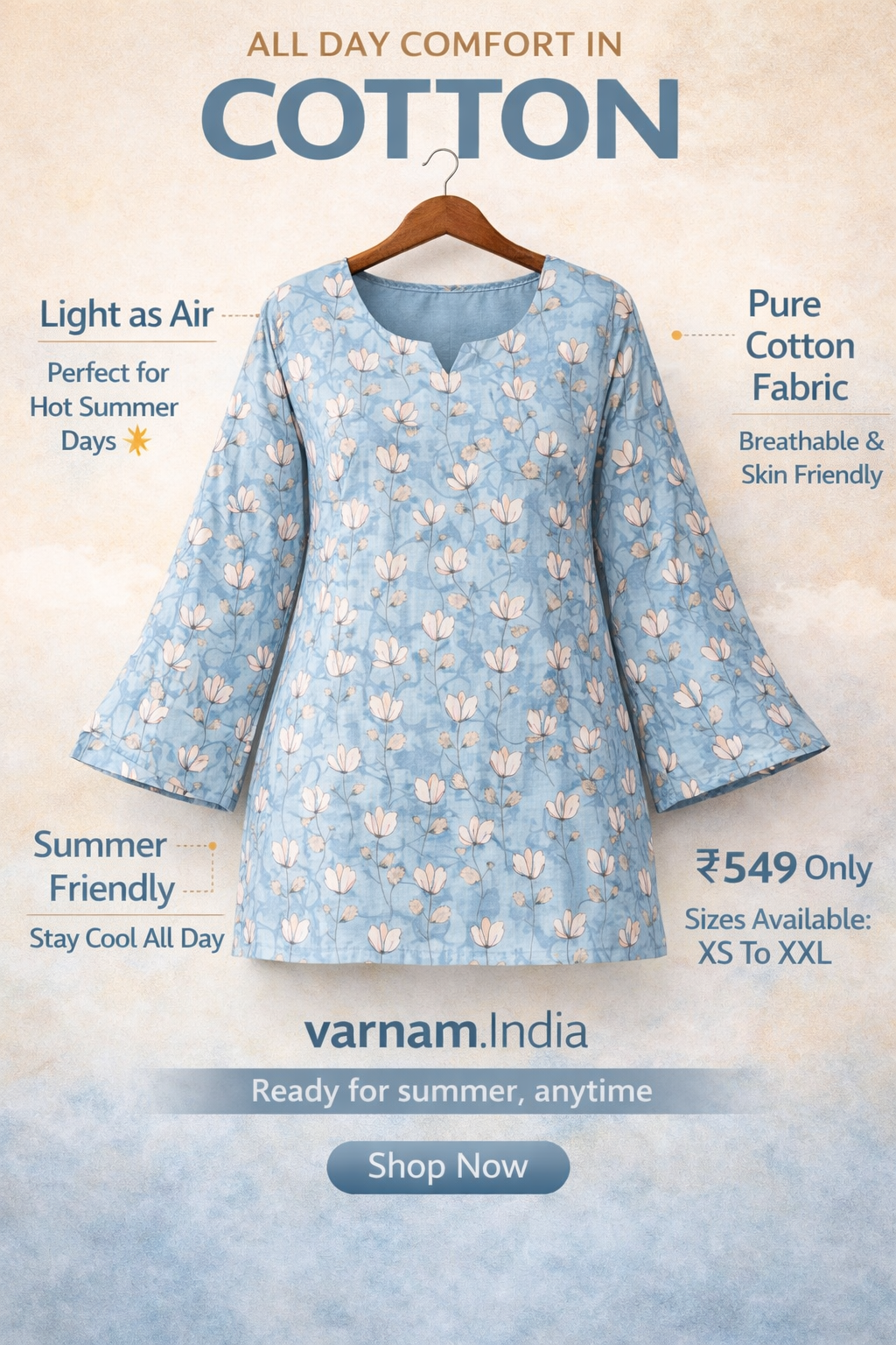 Women’s Sky Blue Floral Cotton Kurti – Lightweight Summer Top