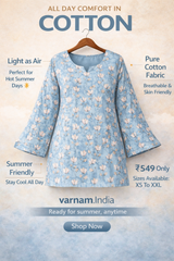 Women’s Sky Blue Floral Cotton Kurti – Lightweight Summer Top