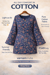 Navy Blue Floral Cotton Kurti Top 💙