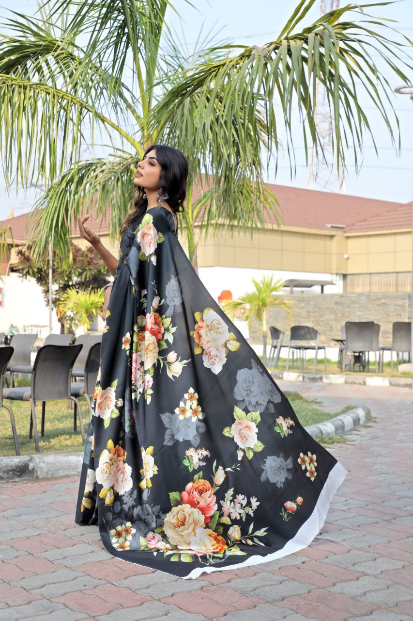Luxe Floral Satin Saree – Bold, Elegant & Absolutely Stunning