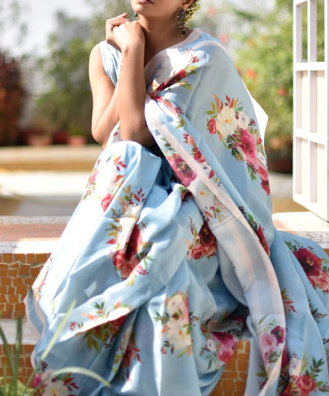 Aqua Bloom Floral Saree