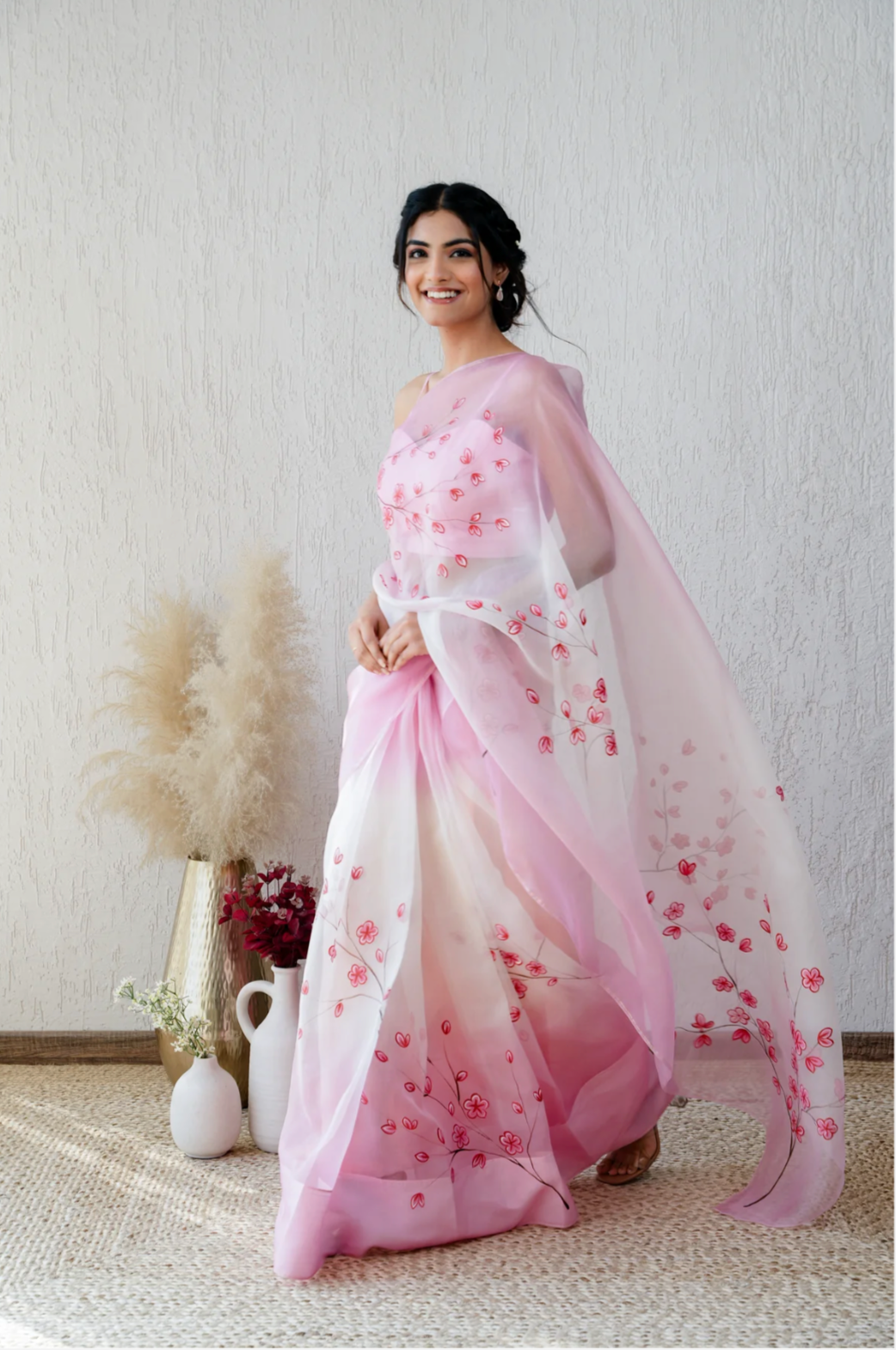 Elegance Redefined – Handcrafted Pink Floral Organza Saree 🌸