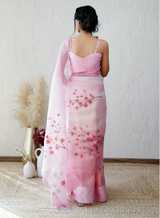 Elegance Redefined – Handcrafted Pink Floral Organza Saree 🌸
