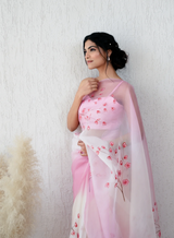 Elegance Redefined – Handcrafted Pink Floral Organza Saree 🌸