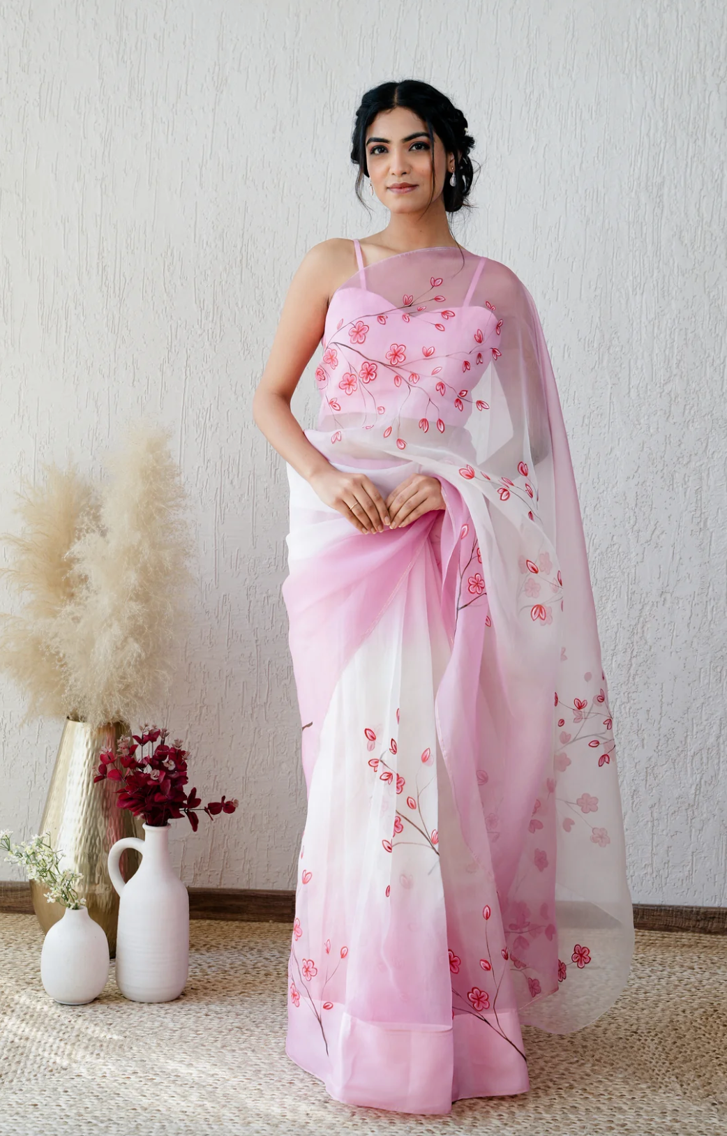 Elegance Redefined – Handcrafted Pink Floral Organza Saree 🌸