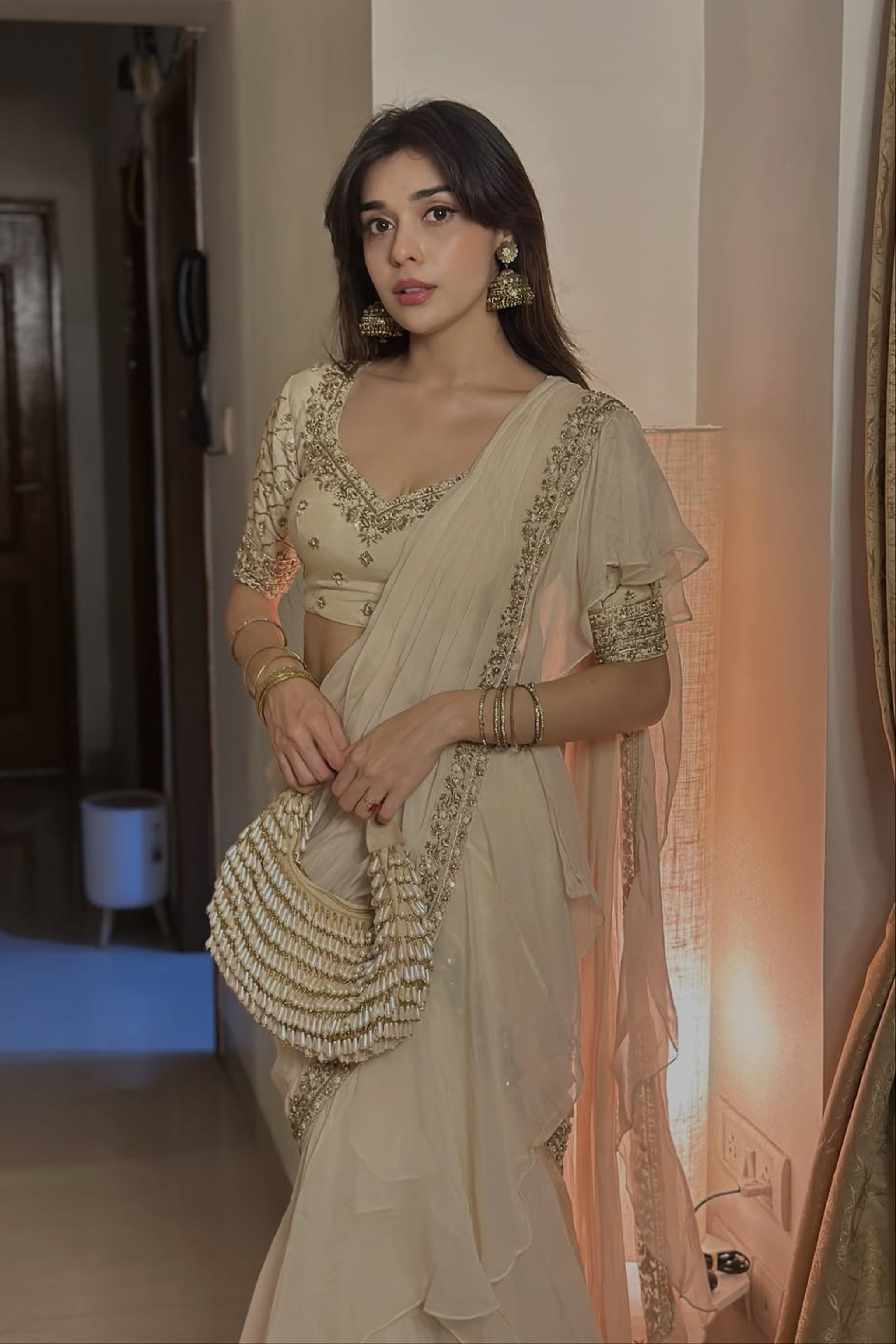 White Organza Designer Saree Set with Silk Thread & Sequins Embroidery