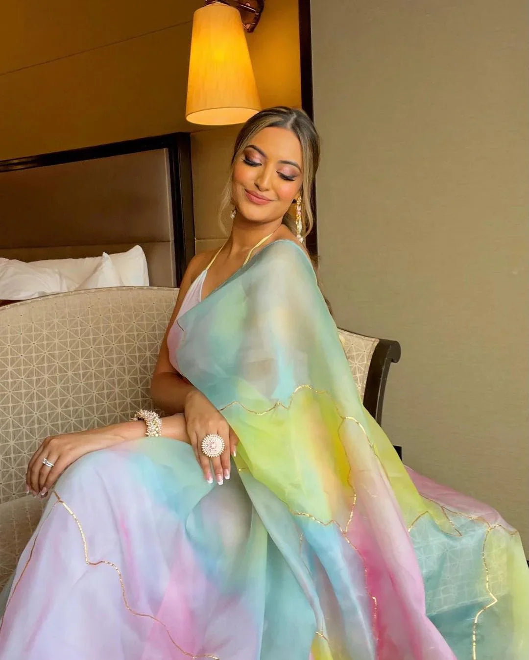 Pastel Multicolor Organza Saree with Golden Detailing 🌸🌈