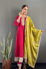 Stunning Vichitra Anarkali set featuring exquisite embroidery work.