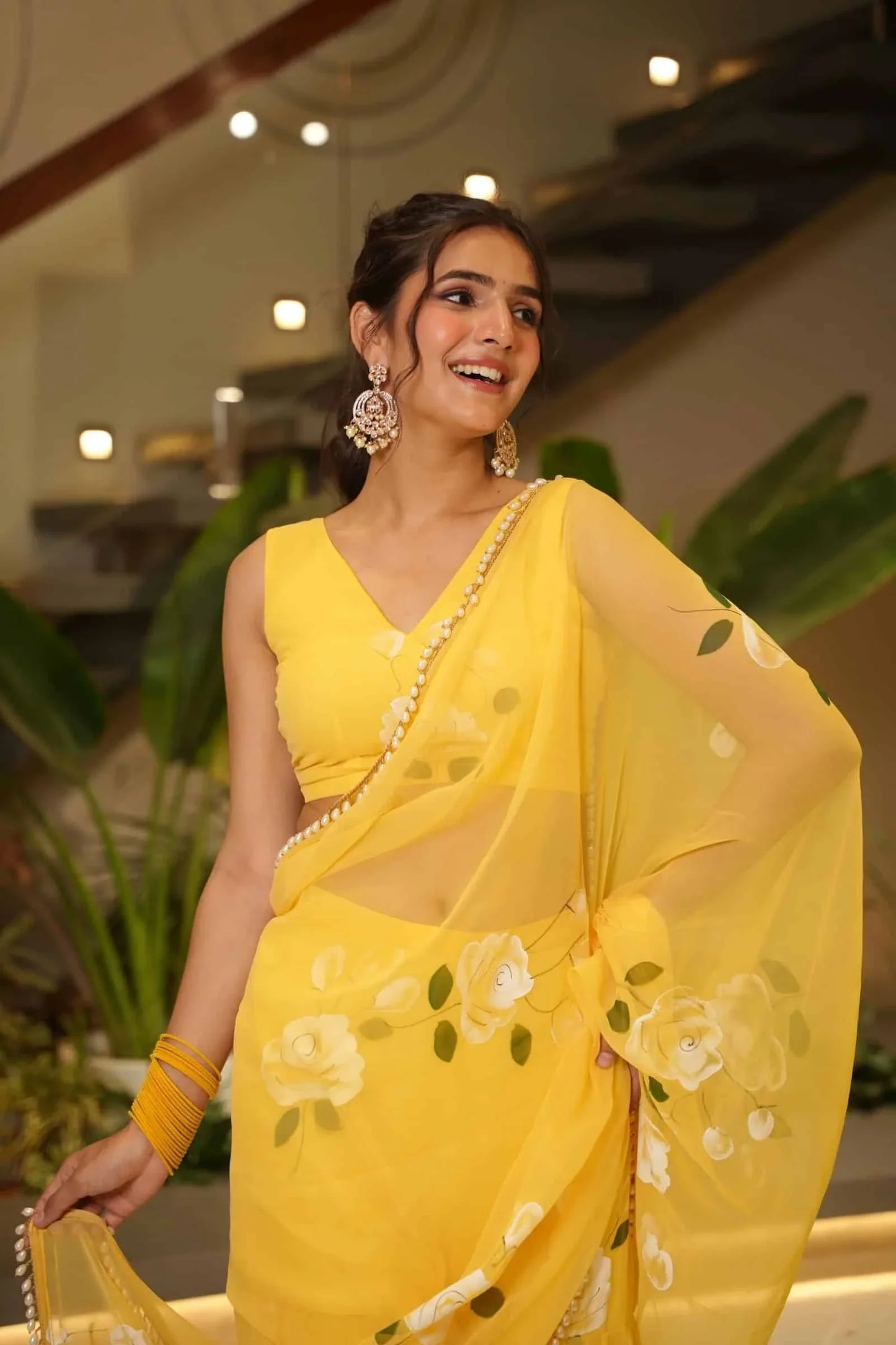 Sunshine Bloom Yellow Floral Georgette Saree