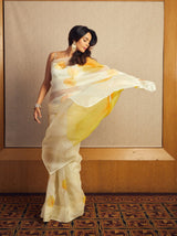 Elegant White & Yellow Floral Organza Saree ✨