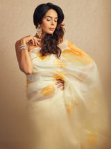 Elegant White & Yellow Floral Organza Saree ✨